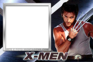 Moldura Personagens - Xmen Wolverine Wolverine X-Men (Hugh Jackman), garras, moldura quadrada branca borda prateada, logo X-MEN.