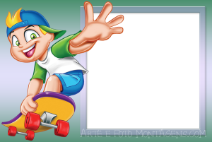 Moldura Personagens - Xuxinha Guto Menino skatista fazendo manobra, moldura retangular borda cinza.