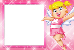 Moldura Personagens - Xuxinha Xuxinha fada voando, moldura quadrada branca borda pink, fundo pink brilhos.