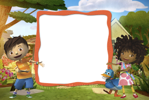 Moldura Personagens - Zack E Quack Zack e Quack, amigos, moldura laranja formato irregular, fundo jardim.