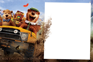 Moldura Personagens - Ze Colmeia Zé Colmeia e Catatau filme, jeep, moldura branca, fundo paisagem montanhosa.