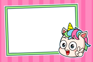 Moldura Personagens - Zozo Kids Unicórnio Zozo Kids chibi, fazendo paz, moldura retangular borda dupla verde branca, fundo listrado rosa.